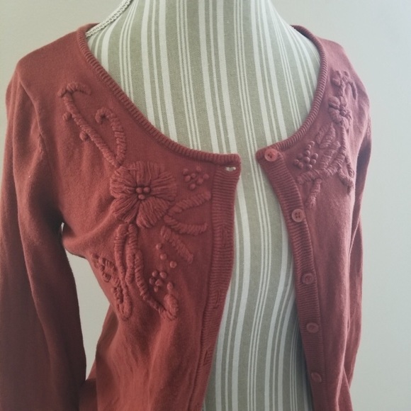 Sweaters - Rust embroidered cardigan- very Anthropologie!